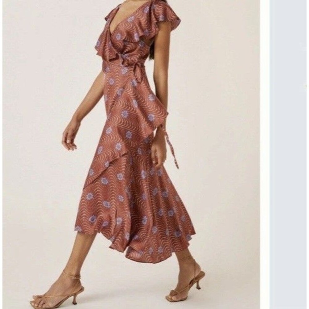Anthropologie Ruffle Sleeve Printed Wrap Maxi Dress 3X Brown Copper $170